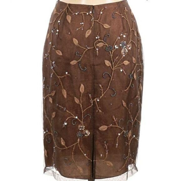 Vtg Rickie Freeman Skirt Formal Overlay Floral Beaded Embroidered Brown Sz 6 - Picture 2 of 11